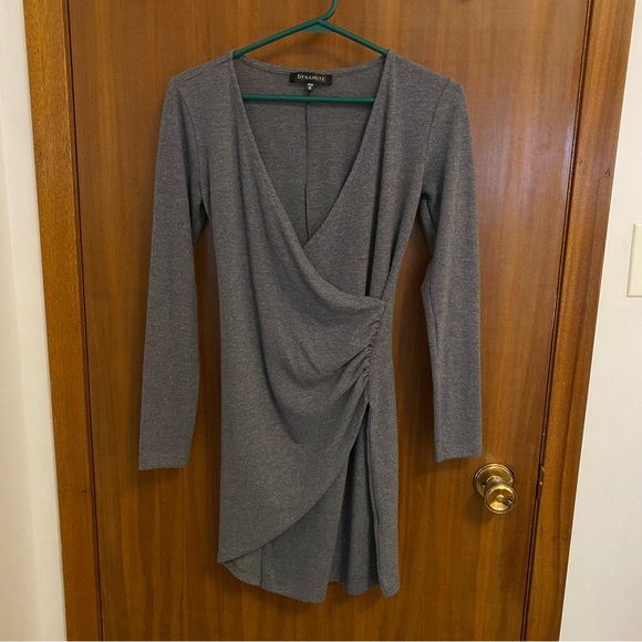 Dynamite Charcoal Dark Grey V-Neck Long Sleeve Asymmetrical Mini Dress - Picture 2 of 3